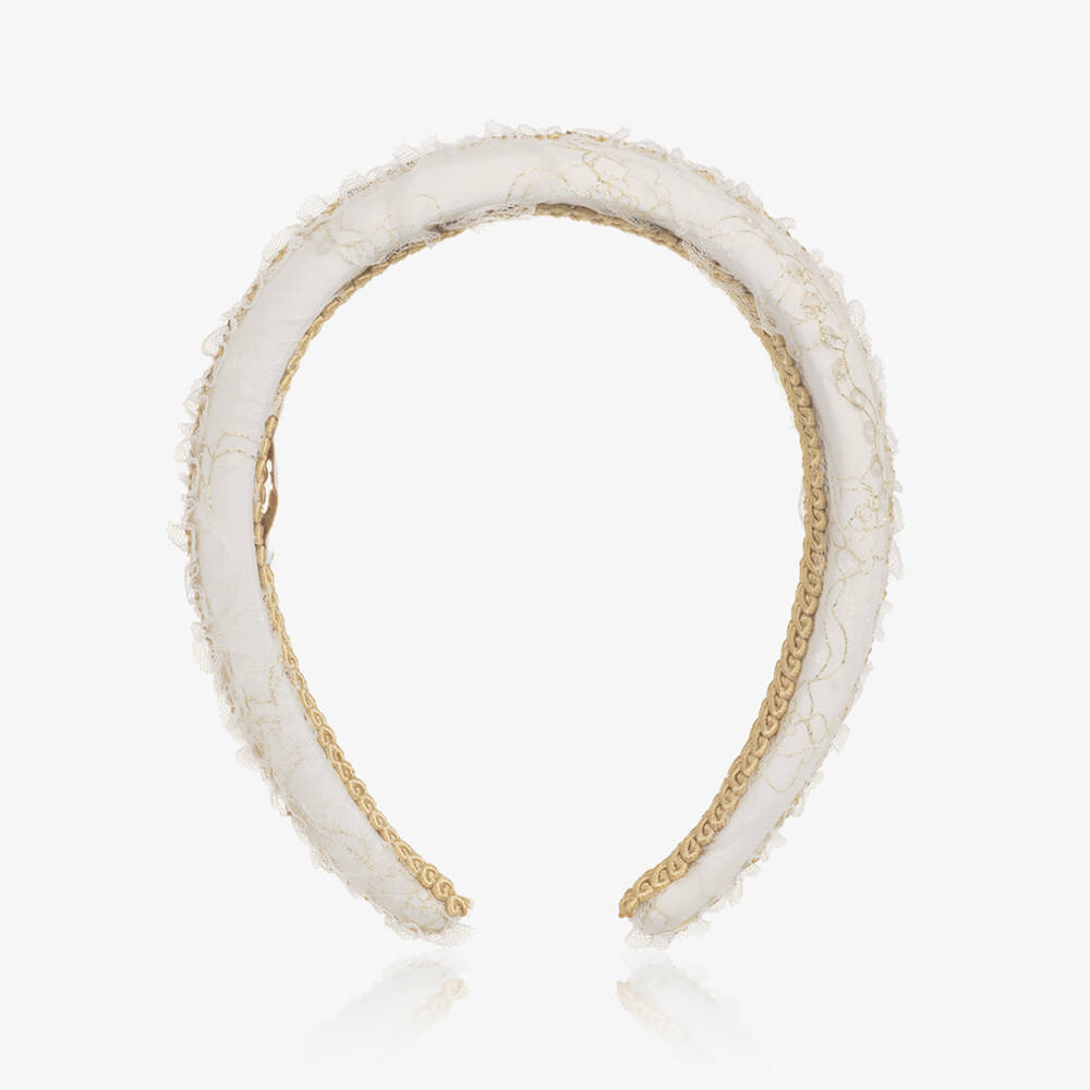 EIRENE-Girls Ivory Lace Hairband with Gold Sequin Trim | Childrensalon