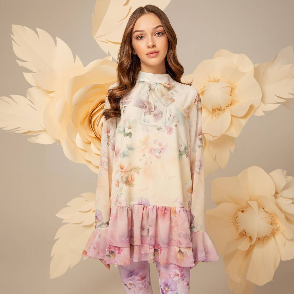 EIRENE-Girls Ivory & Pink Floral Chiffon Tunic Dress | Childrensalon