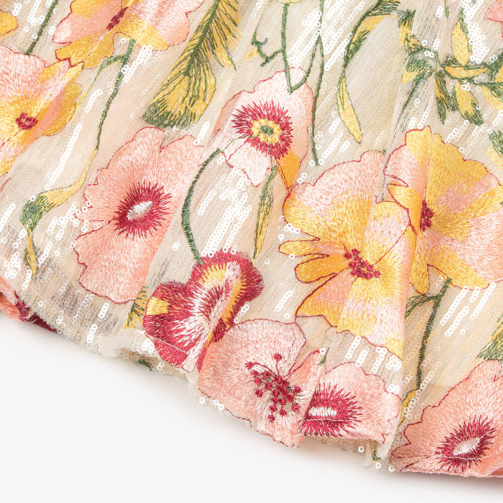 EIRENE-Girls Ivory Sequin Dress with Floral Embroidery | Childrensalon