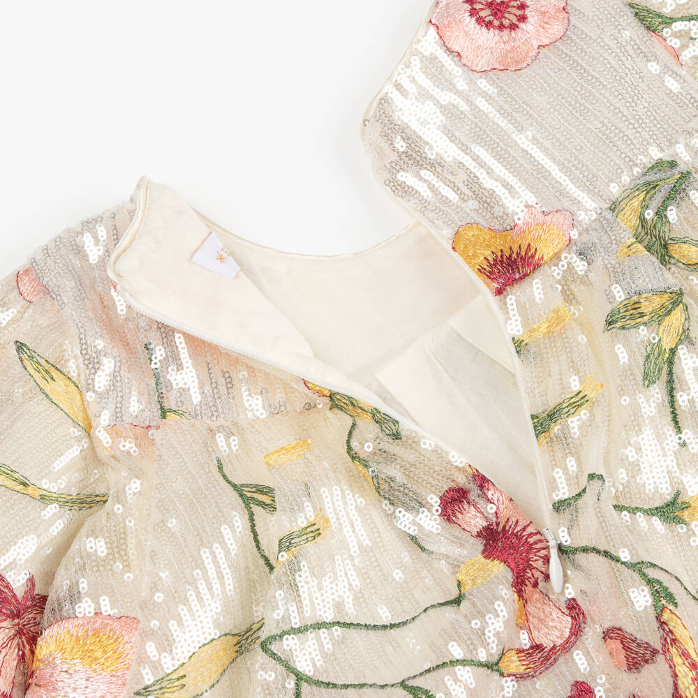 EIRENE-Girls Ivory Sequin Dress with Floral Embroidery | Childrensalon