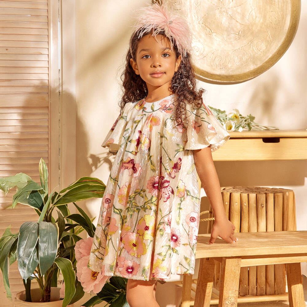 EIRENE-Girls Ivory Sequin Dress with Floral Embroidery | Childrensalon
