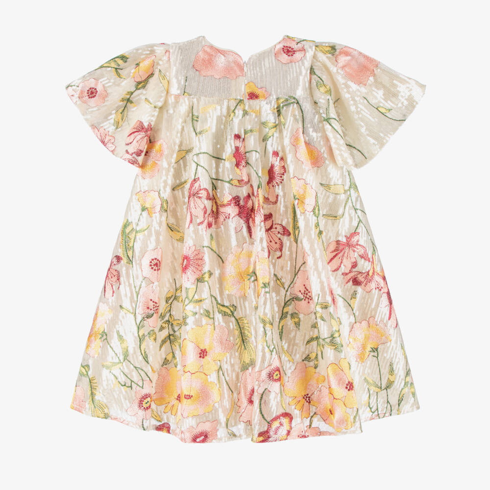 EIRENE-Girls Ivory Sequin Dress with Floral Embroidery | Childrensalon