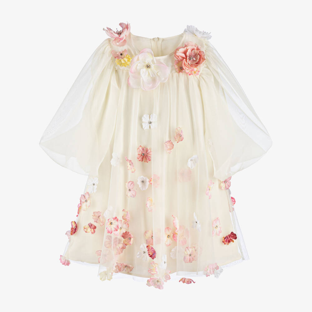 EIRENE-Girls Ivory Tulle & Chiffon Dress with 3D Flowers | Childrensalon