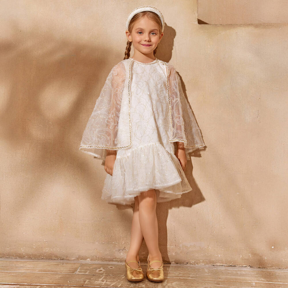 EIRENE-Girls Ivory Tulle Dress with Lace & Sequin Trims  | Childrensalon