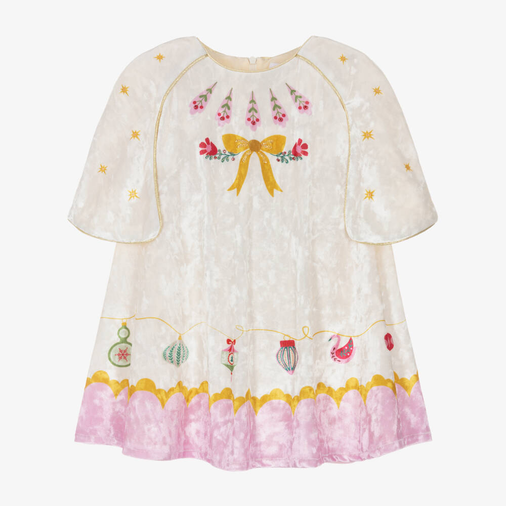 EIRENE-Girls Ivory Velour Festive Print Dress | Childrensalon