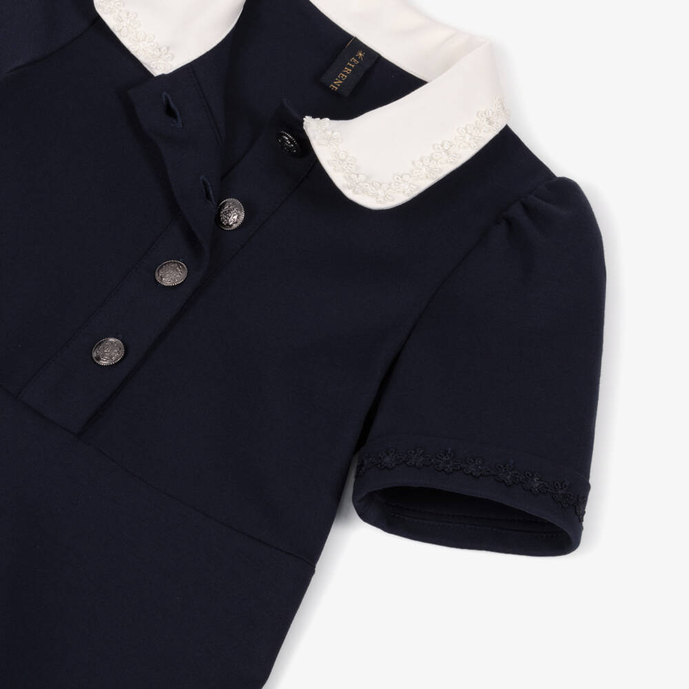 EIRENE-Girls Navy Blue Jersey Dress with White Collar | Childrensalon