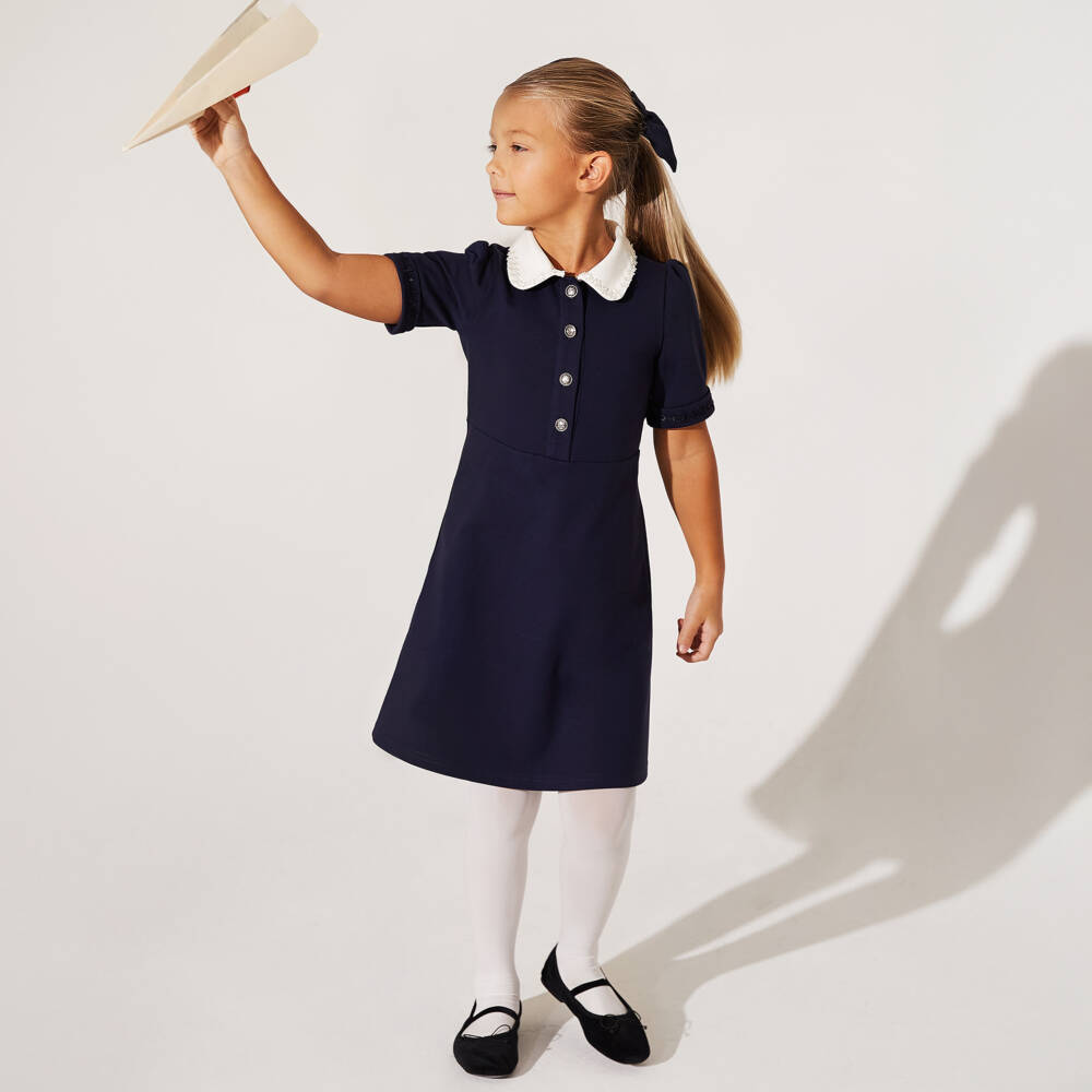 EIRENE-Girls Navy Blue Jersey Dress with White Collar | Childrensalon