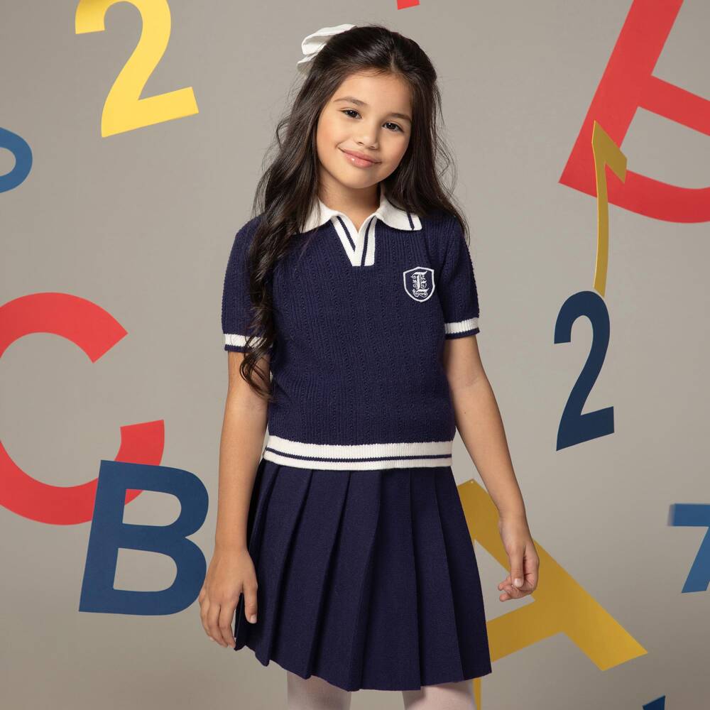 EIRENE-Girls Navy Blue Knitted & Pleated Skirt Set | Childrensalon