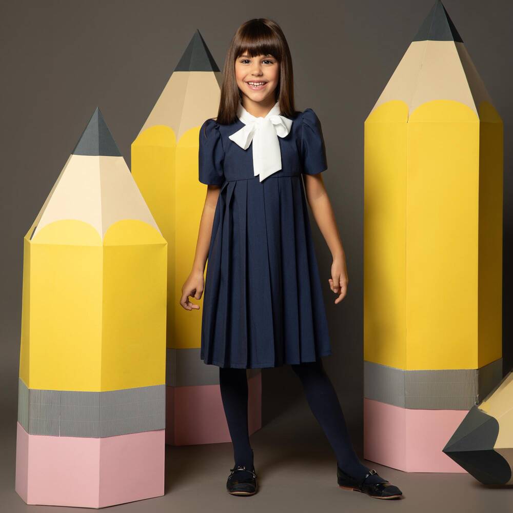 EIRENE-Girls Navy Blue Pleated Dress with Detachable Collar | Childrensalon