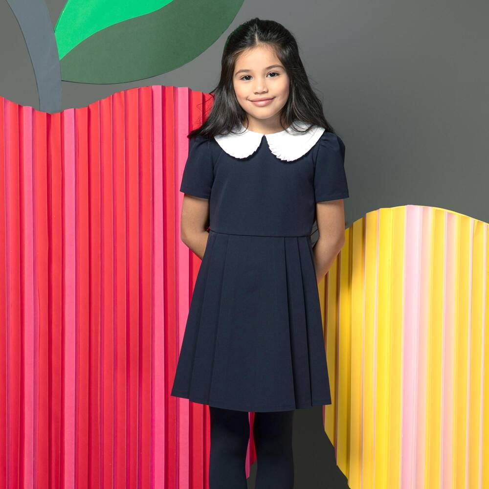 EIRENE-Girls Navy Blue Pleated Dress with White Collar | Childrensalon