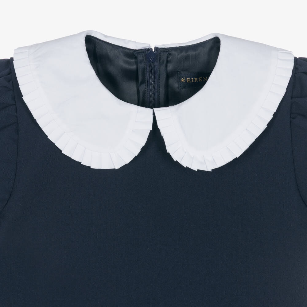 EIRENE-Girls Navy Blue Pleated Dress with White Collar | Childrensalon