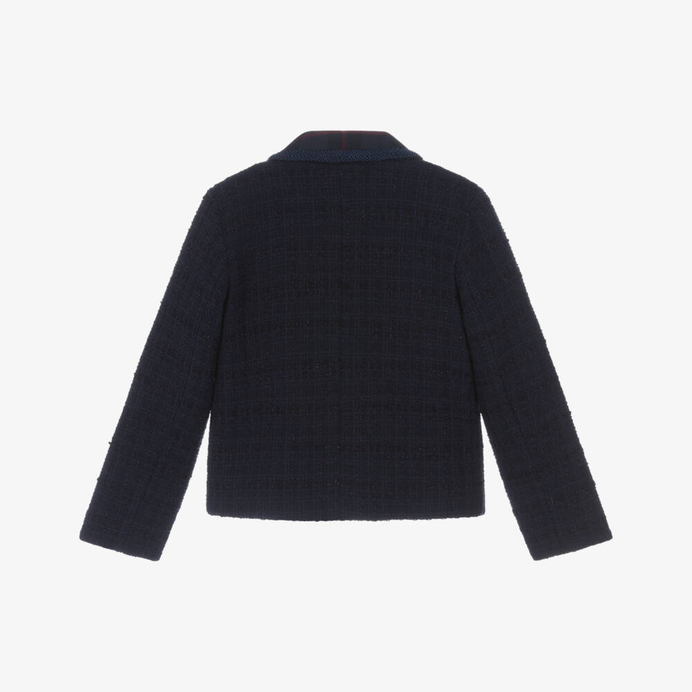 EIRENE-Girls Navy Blue Tweed Blazer with Tartan Collar | Childrensalon