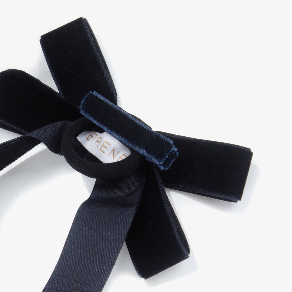 EIRENE-Girls Navy Blue Velvet Bow Hair Elastic & Clip (12cm) | Childrensalon