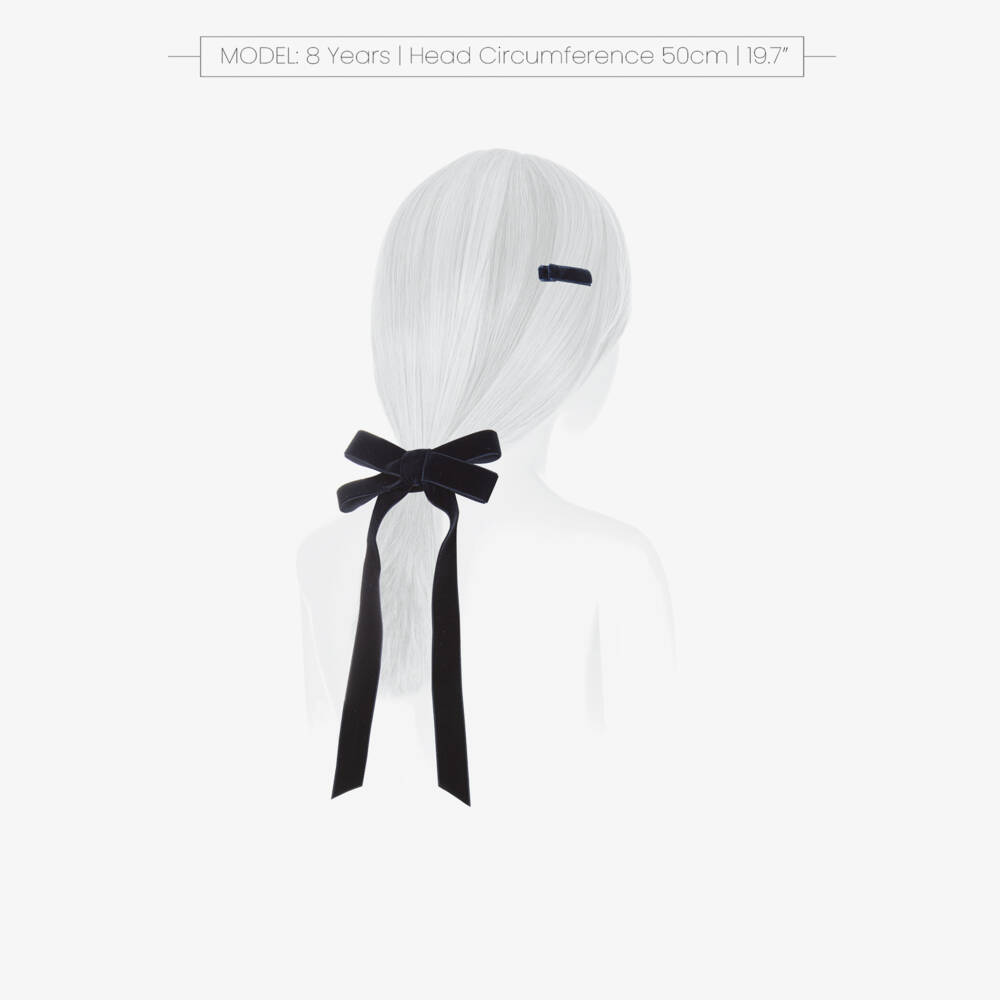 EIRENE-Girls Navy Blue Velvet Bow Hair Elastic & Clip (12cm) | Childrensalon
