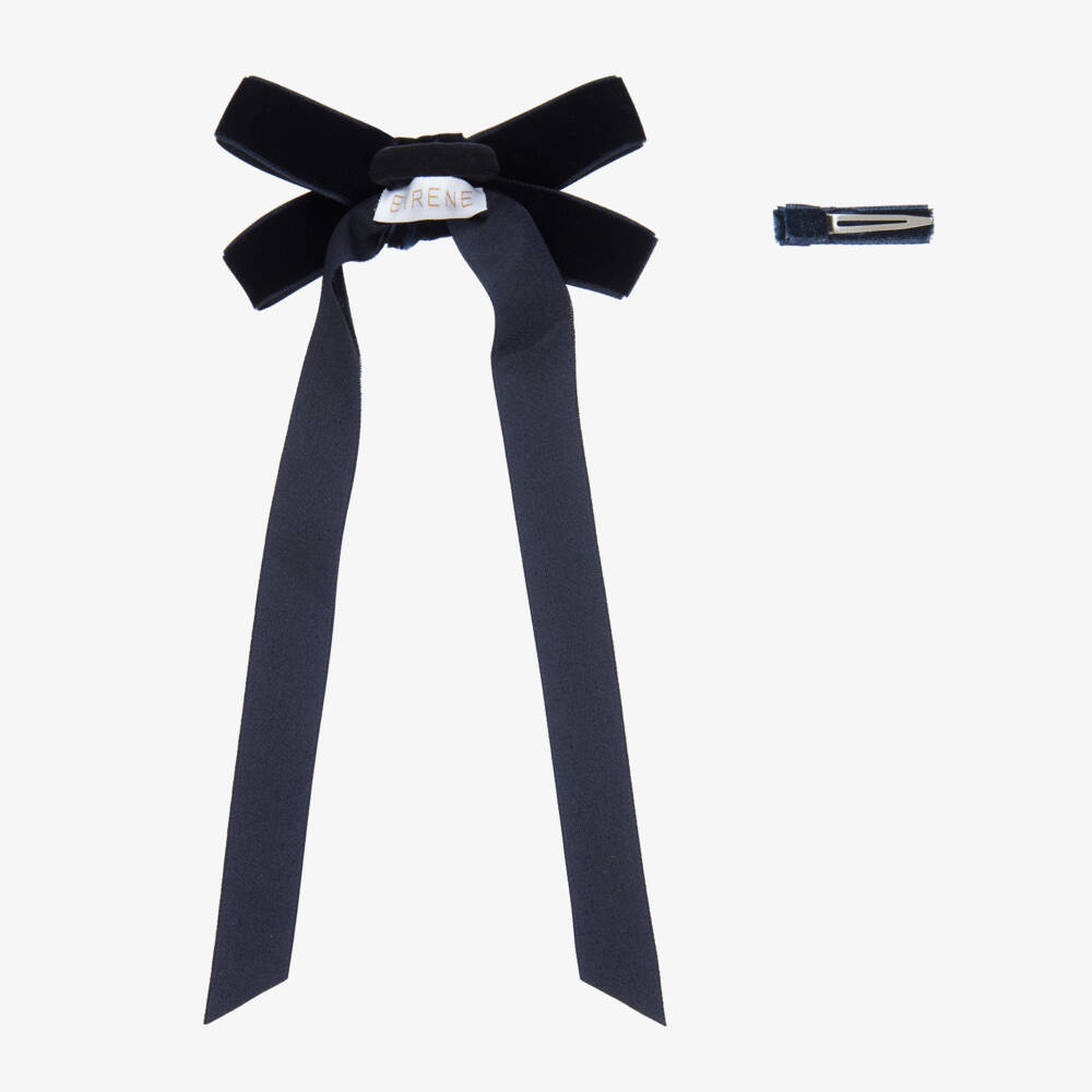 EIRENE-Girls Navy Blue Velvet Bow Hair Elastic & Clip (12cm) | Childrensalon