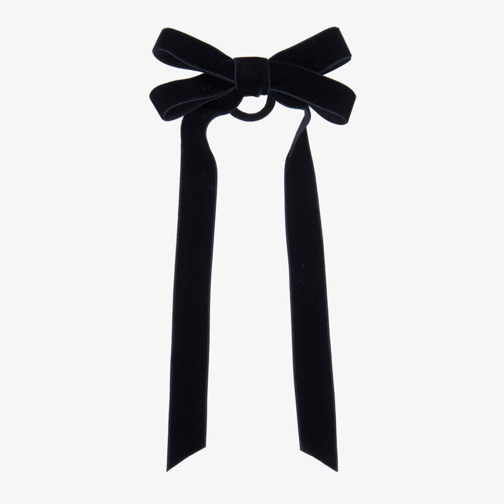 EIRENE-Girls Navy Blue Velvet Bow Hair Elastic & Clip (12cm) | Childrensalon