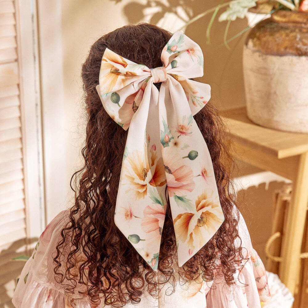 EIRENE-Заколка-бант розовая с цветочным узором для девочек (17см) | Childrensalon