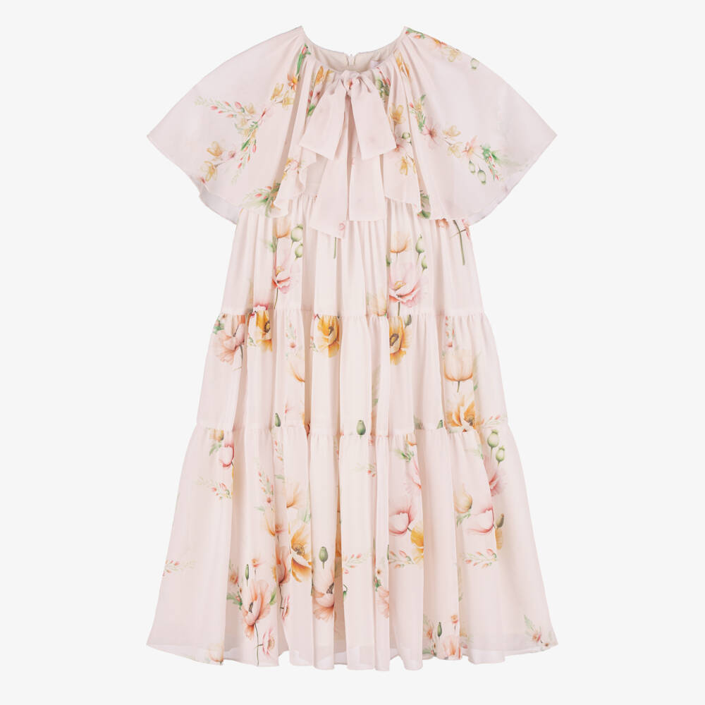 EIRENE-Girls Pale Pink Floral Chiffon Cape Maxi Dress | Childrensalon