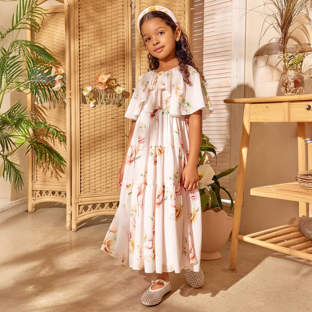 EIRENE-Girls Pale Pink Floral Chiffon Cape Maxi Dress | Childrensalon