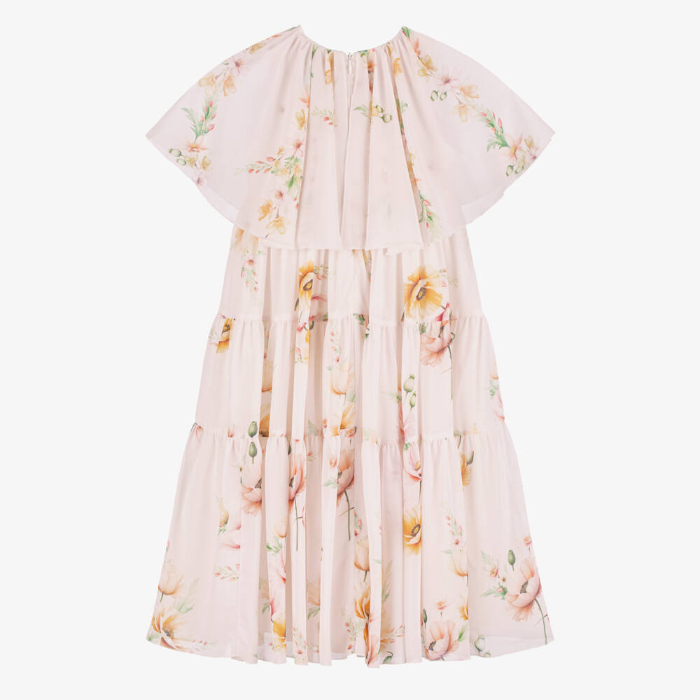 EIRENE-Girls Pale Pink Floral Chiffon Cape Maxi Dress | Childrensalon