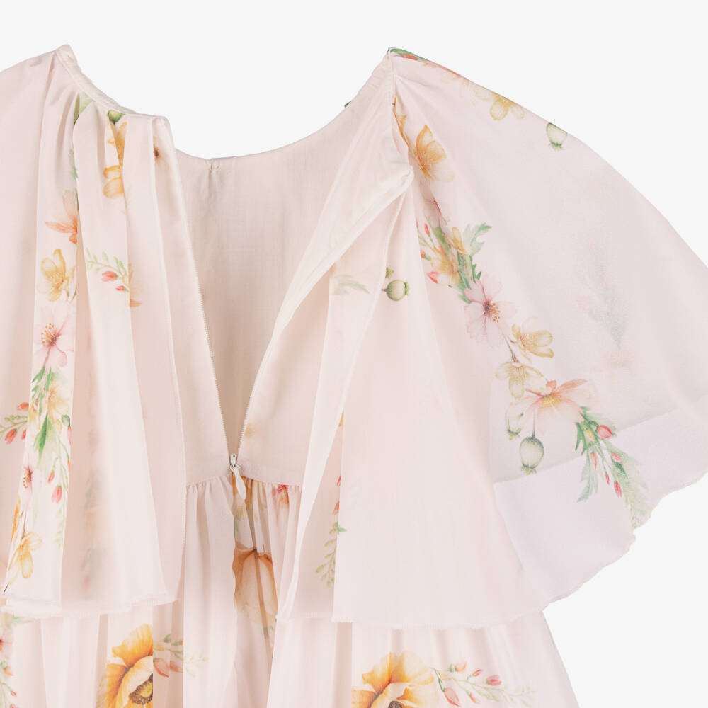 EIRENE-Girls Pale Pink Floral Chiffon Cape Maxi Dress | Childrensalon