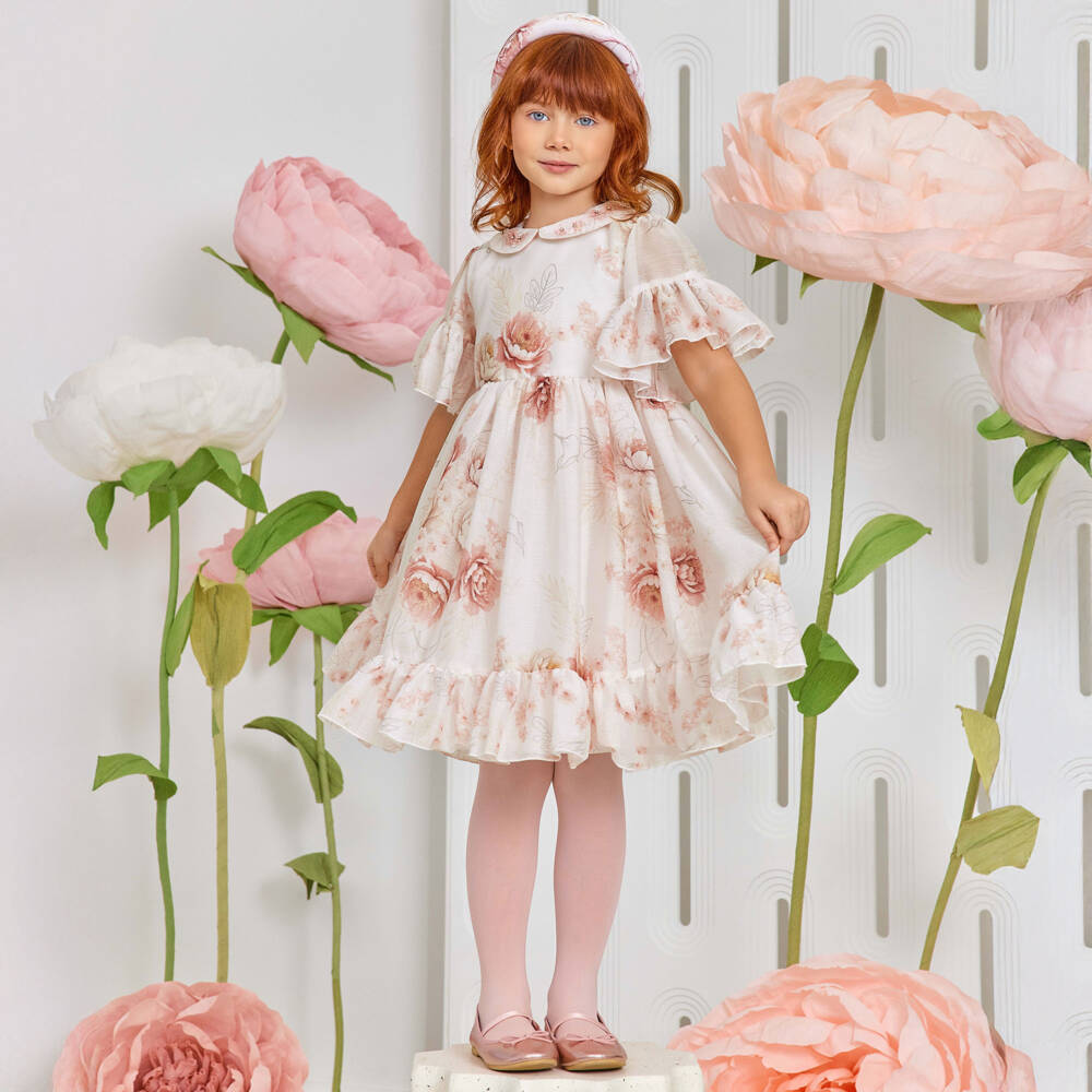 EIRENE-Girls Pale Pink Floral Chiffon & Diamanté Dress | Childrensalon