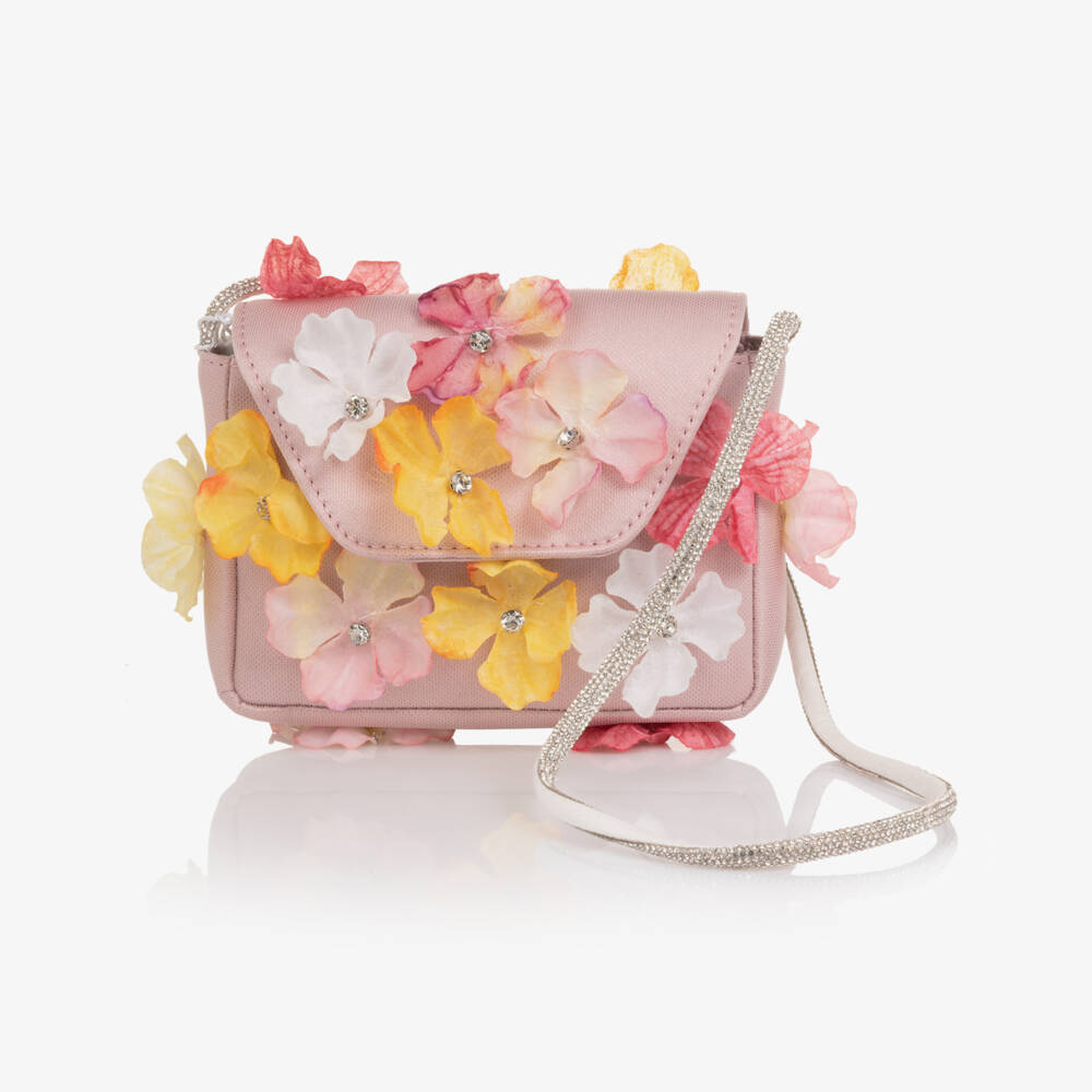 EIRENE-Girls Pale Pink Floral Handbag with Diamanté Handle (14cm) | Childrensalon