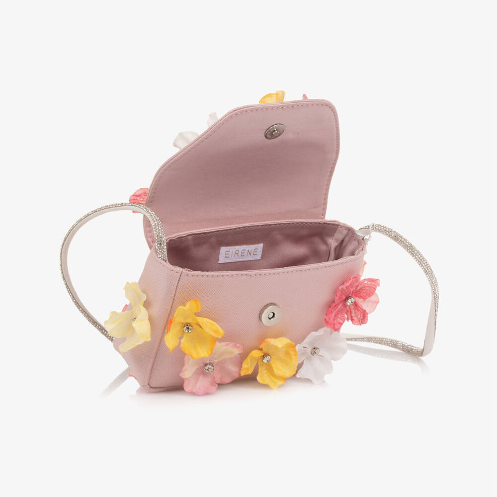 EIRENE-Girls Pale Pink Floral Handbag with Diamanté Handle (14cm) | Childrensalon