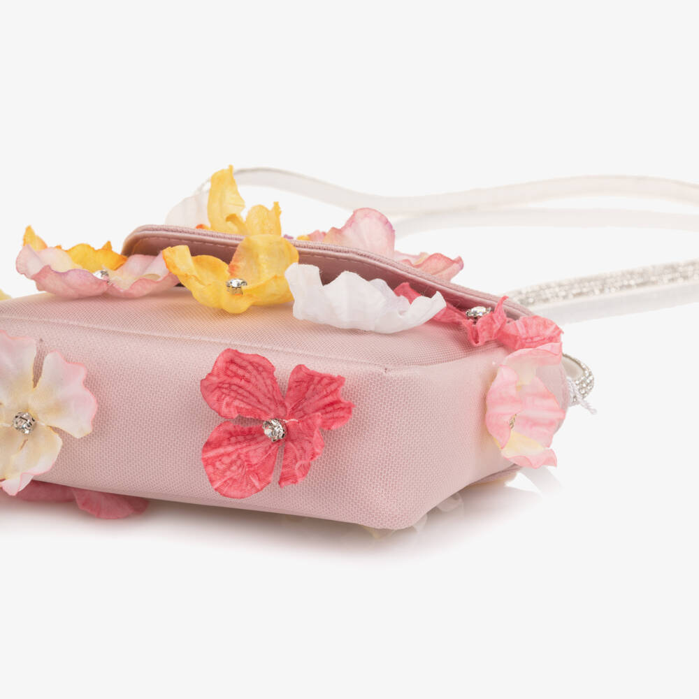 EIRENE-Girls Pale Pink Floral Handbag with Diamanté Handle (14cm) | Childrensalon