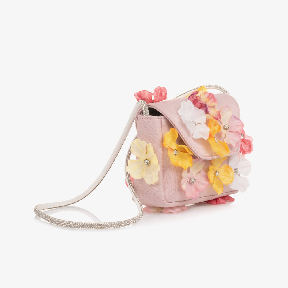 EIRENE-Girls Pale Pink Floral Handbag with Diamanté Handle (14cm) | Childrensalon