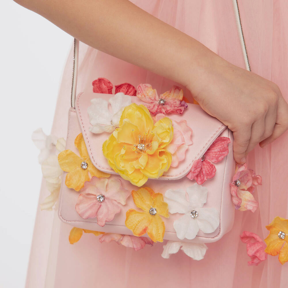 EIRENE-Girls Pale Pink Floral Handbag with Diamanté Handle (14cm) | Childrensalon