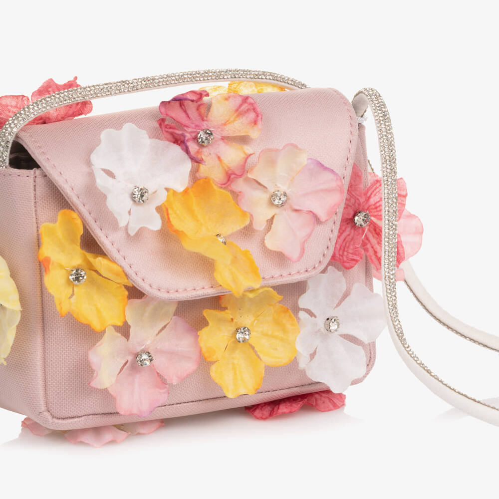 EIRENE-Girls Pale Pink Floral Handbag with Diamanté Handle (14cm) | Childrensalon
