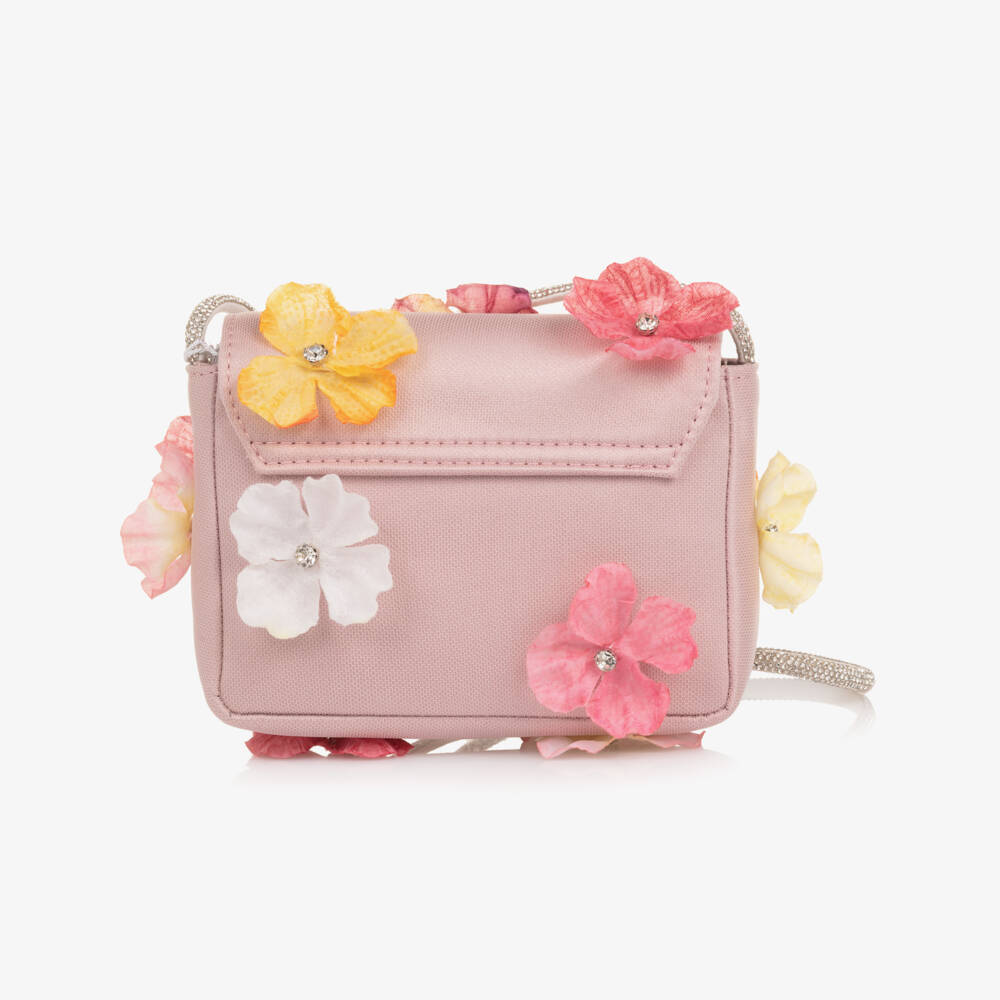 EIRENE-Girls Pale Pink Floral Handbag with Diamanté Handle (14cm) | Childrensalon