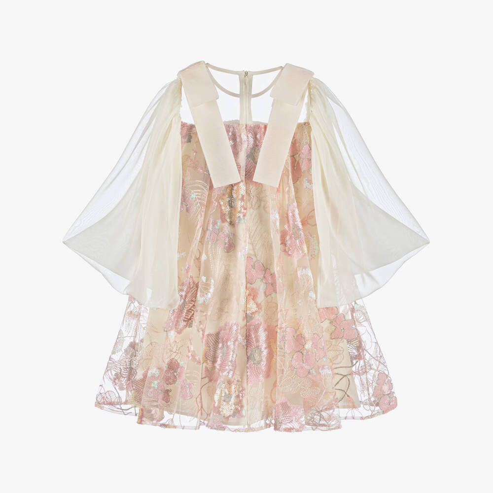 EIRENE-Girls Pink Chiffon & Sequin Tulle Dress with Velvet Bows | Childrensalon