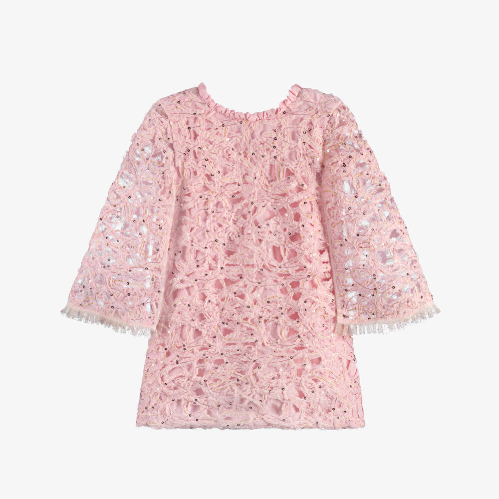 EIRENE-Girls Pink Embroidered Tulle Dress with Sequins | Childrensalon