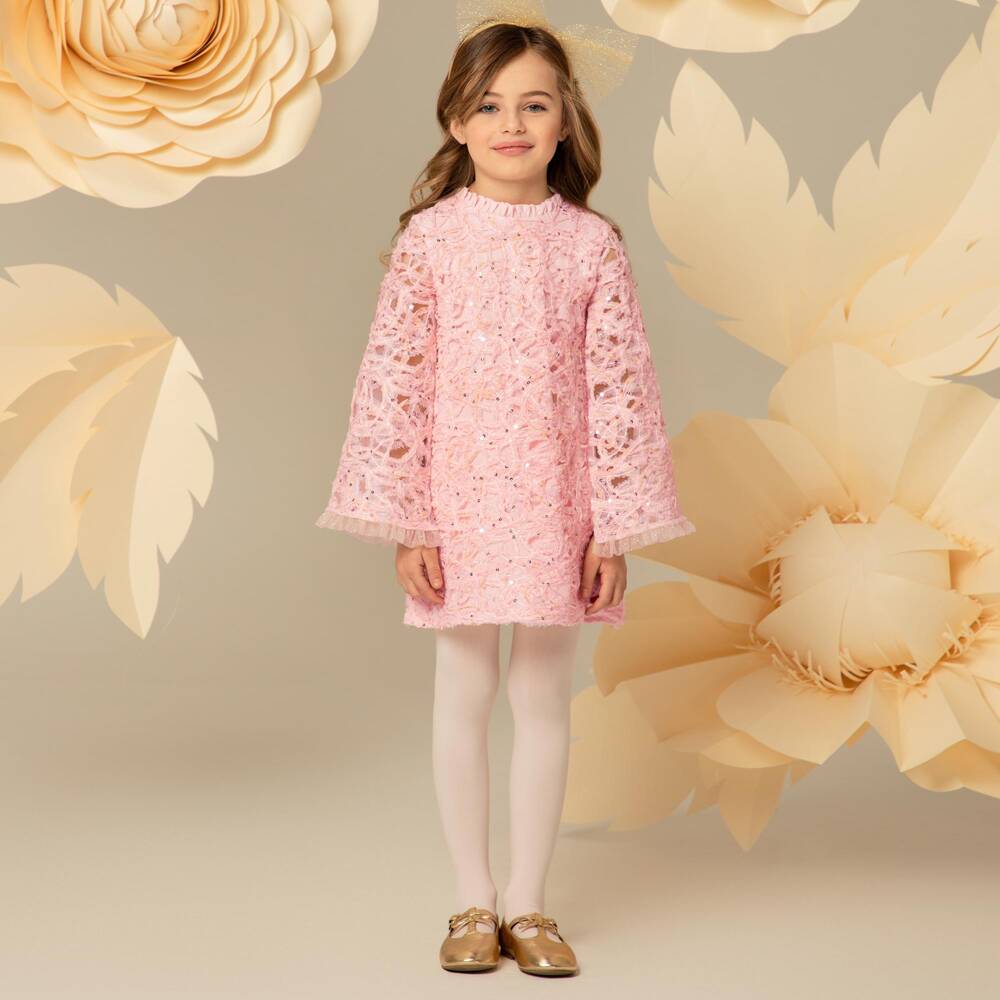 EIRENE-Girls Pink Embroidered Tulle Dress with Sequins | Childrensalon