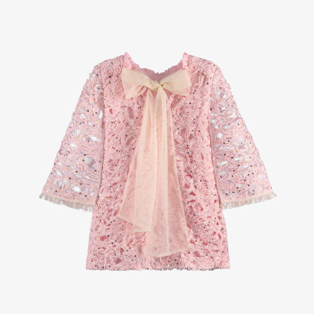 EIRENE-Girls Pink Embroidered Tulle Dress with Sequins | Childrensalon