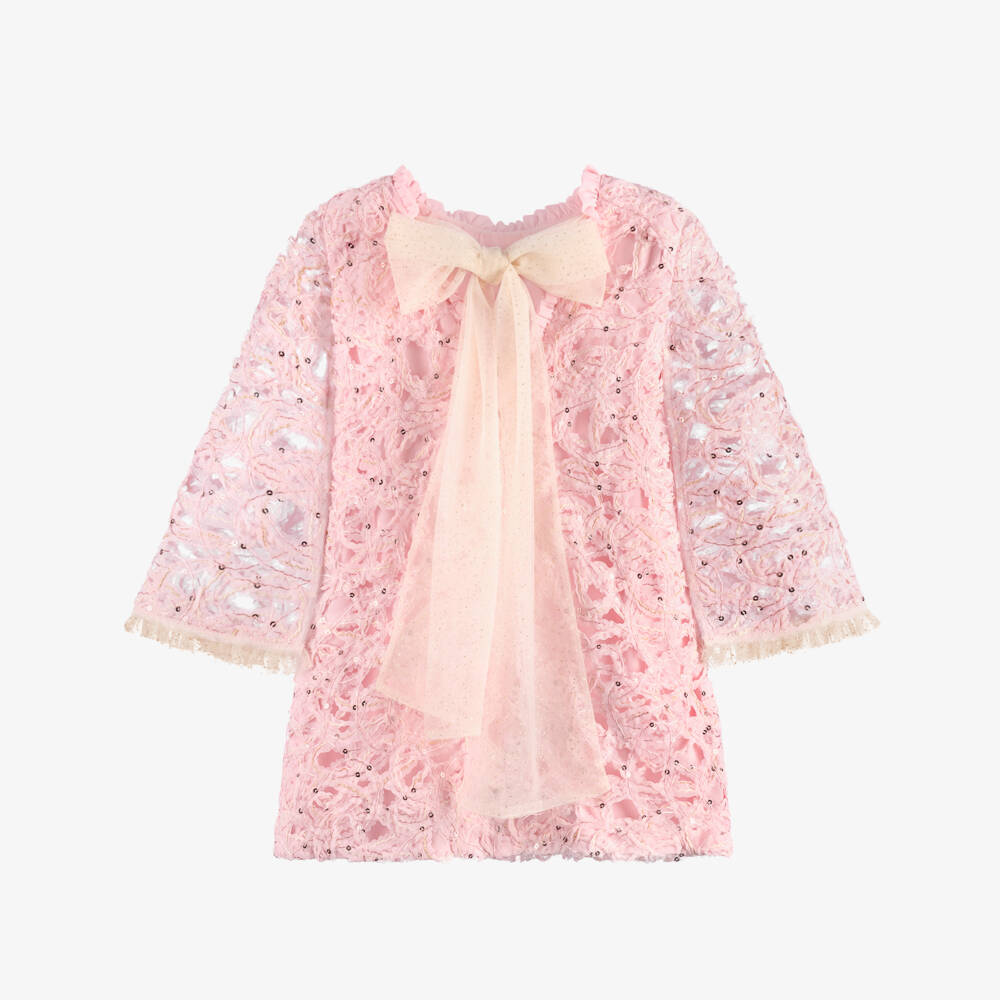 EIRENE-Girls Pink Embroidered Tulle Dress with Sequins | Childrensalon