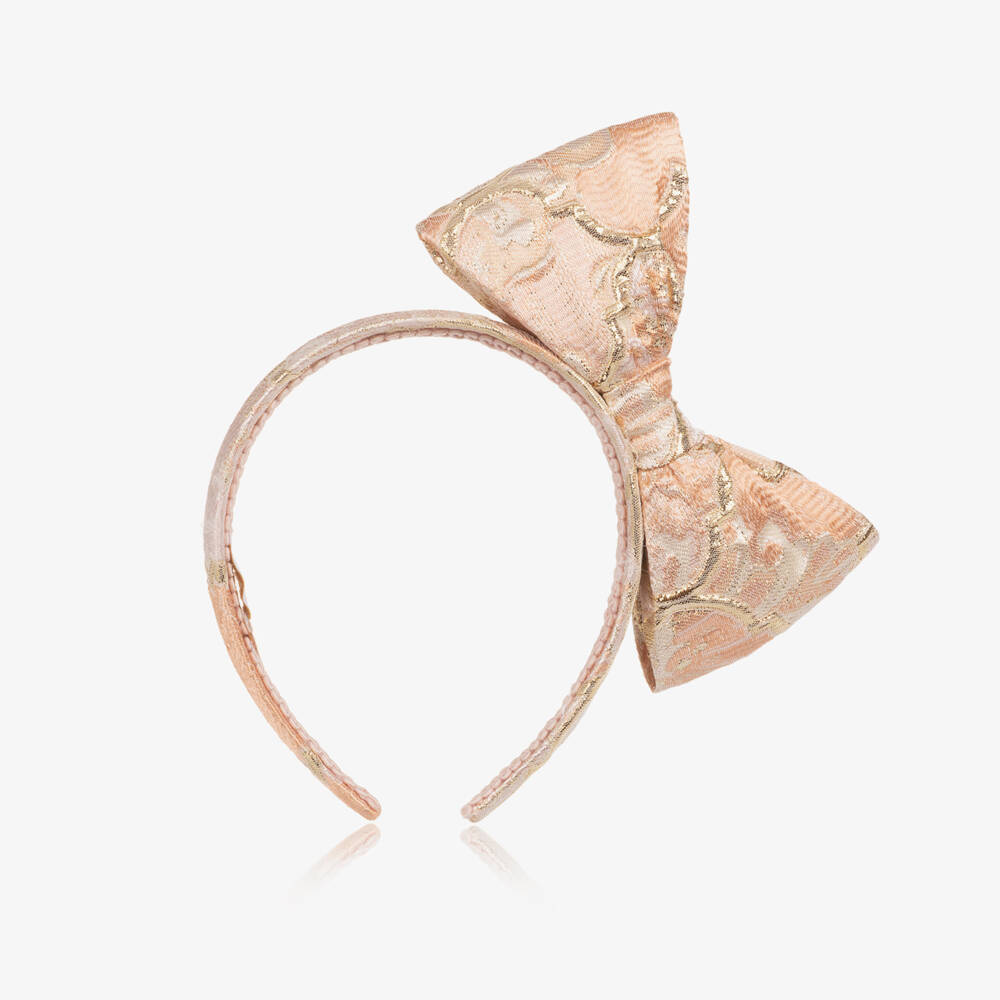 EIRENE-Girls Pink & Gold Floral Jacquard Bow Hairband | Childrensalon