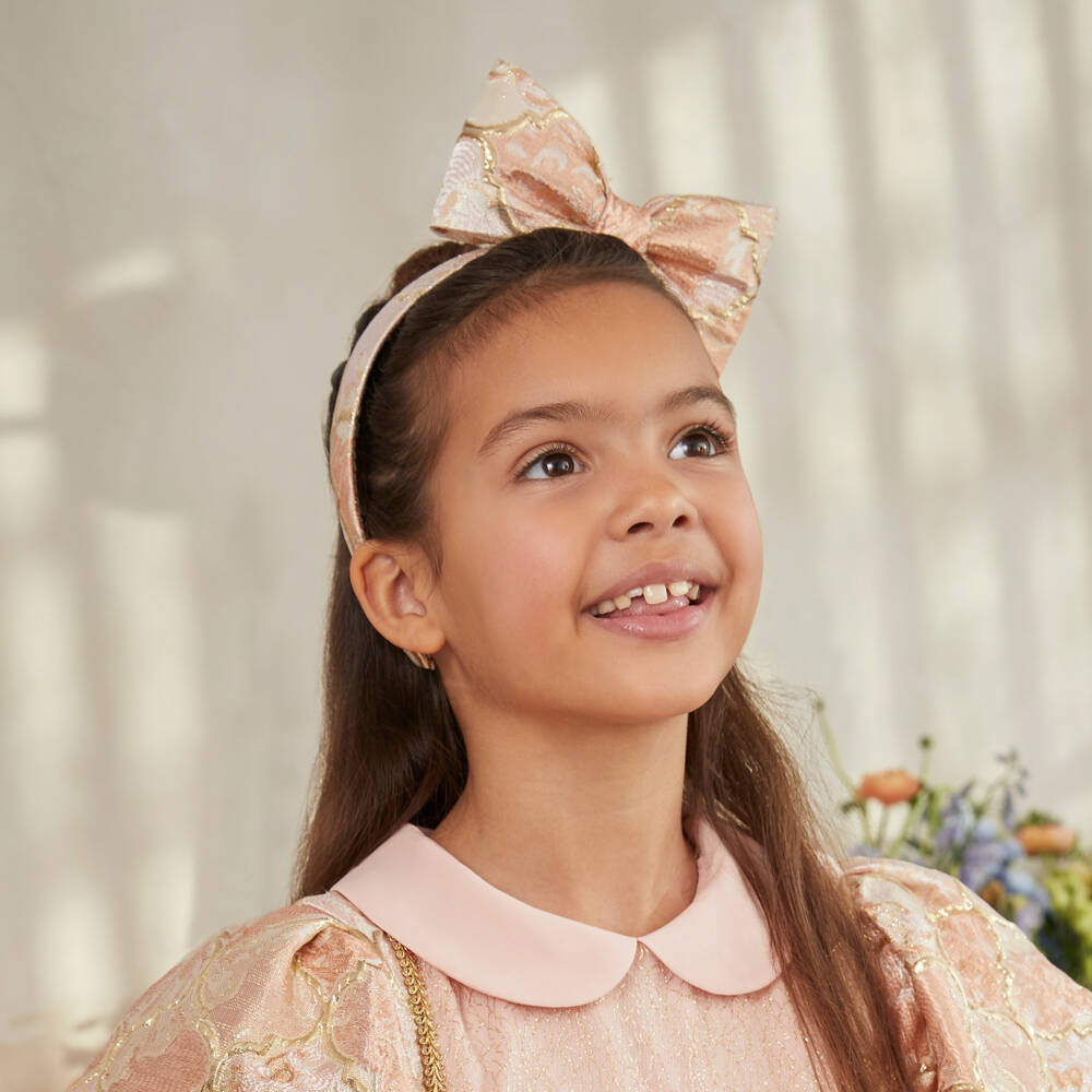 EIRENE-Girls Pink & Gold Floral Jacquard Bow Hairband | Childrensalon
