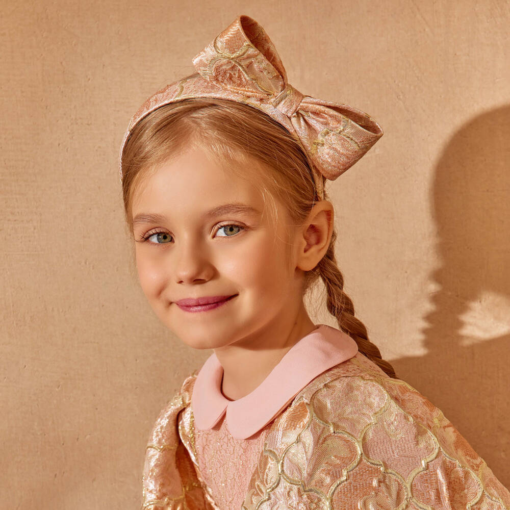 EIRENE-Girls Pink & Gold Floral Jacquard Bow Hairband | Childrensalon
