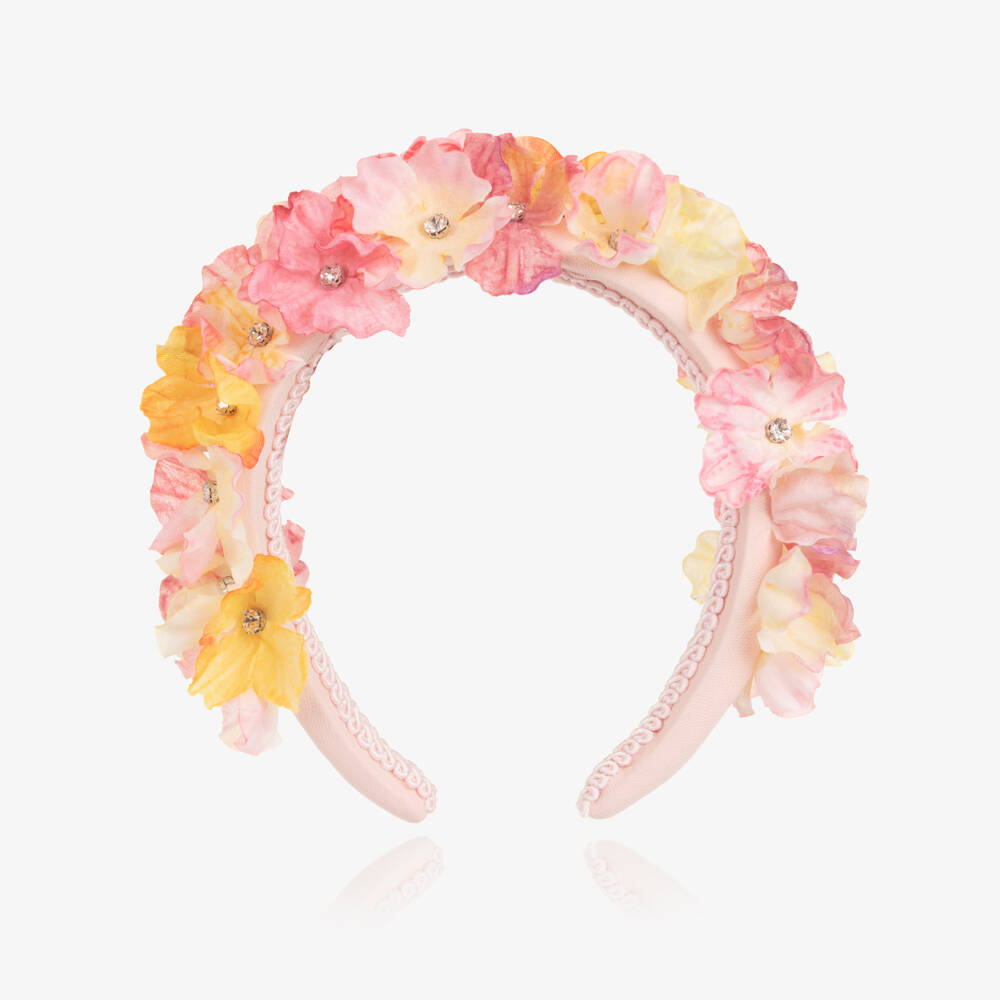 EIRENE-طوق شعر مزين بالورود لون زهري وأصفر للبنات | Childrensalon