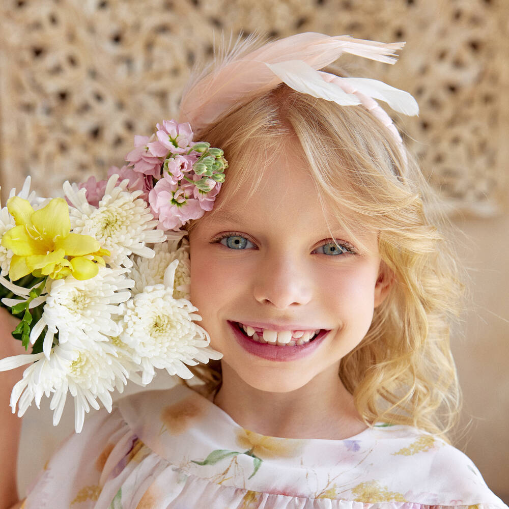 EIRENE-Girls Pink Velvet & Feather Hairband | Childrensalon