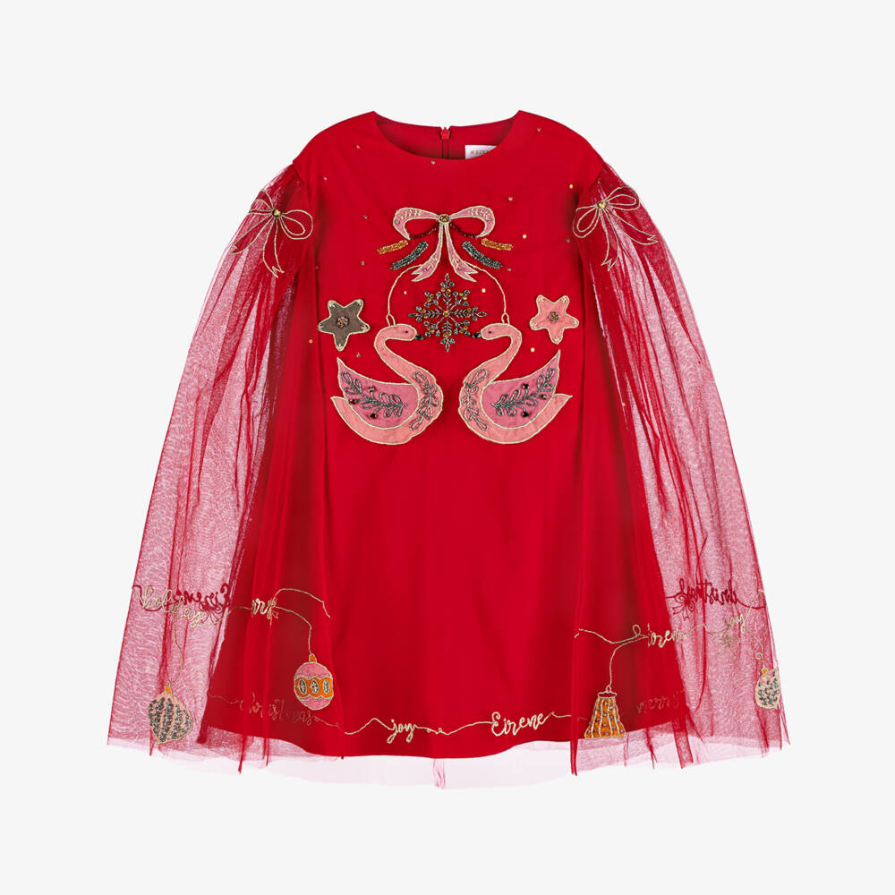 EIRENE-Girls Red Embroidered Christmas Cape Dress | Childrensalon