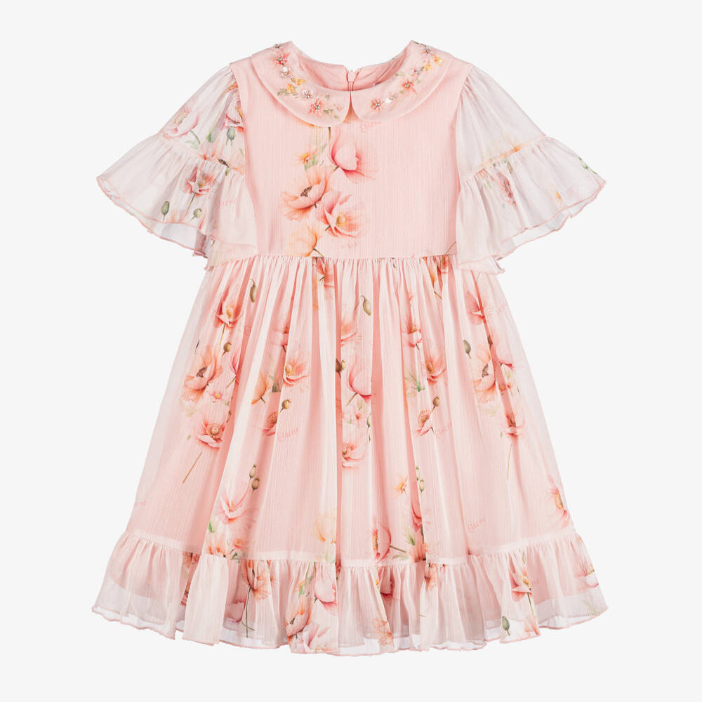 EIRENE-Girls Shimmery Pink Floral Chiffon Dress | Childrensalon