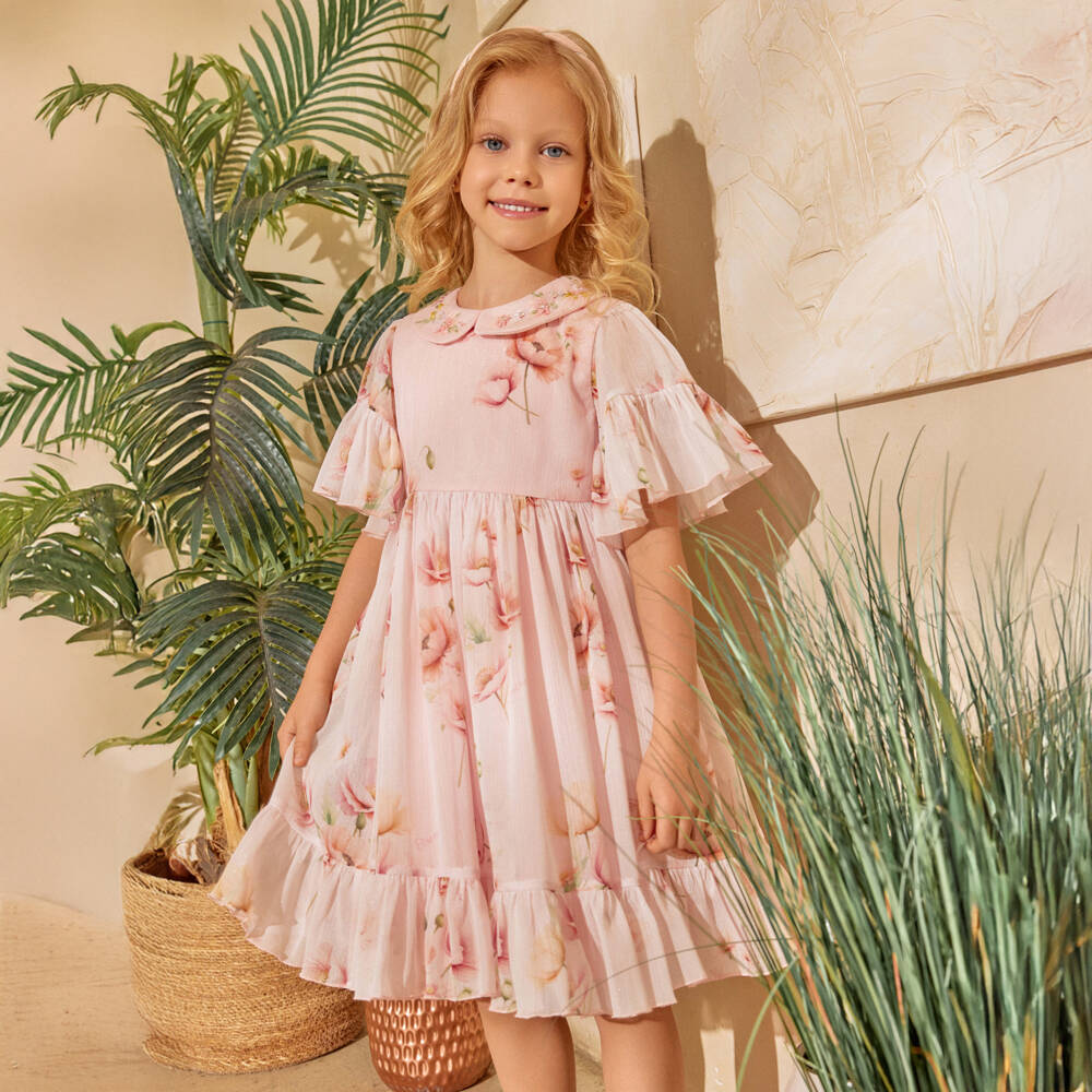 EIRENE-Girls Shimmery Pink Floral Chiffon Dress | Childrensalon