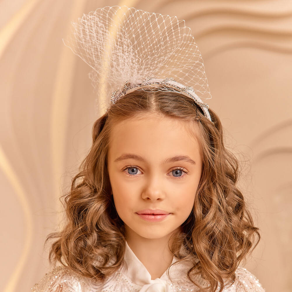 EIRENE-Girls Silver Diamanté Hairband with Net Bow | Childrensalon