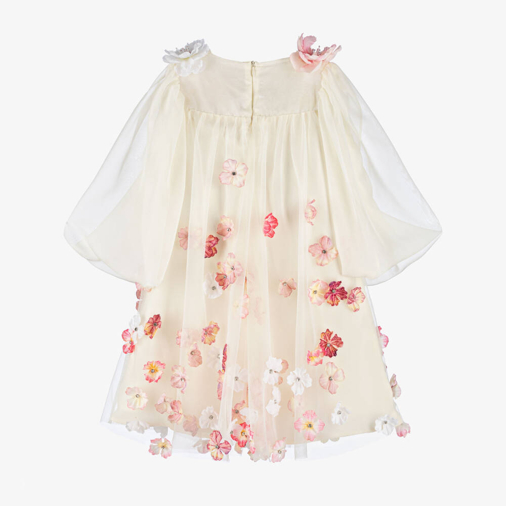 EIRENE-Ivory Tulle & Chiffon Dress with 3D Flowers | Childrensalon