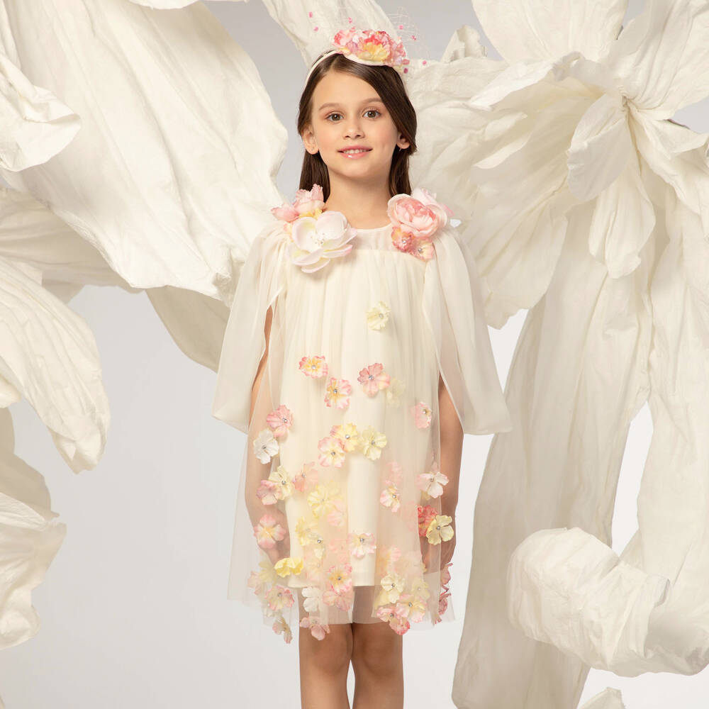 EIRENE-Кремовое платье из тюля и шифона с 3D цветами | Childrensalon