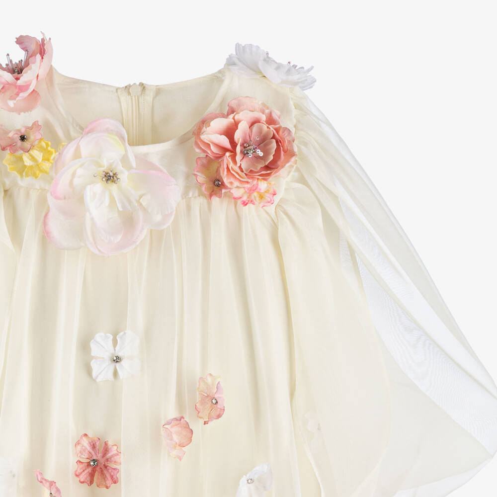EIRENE-Ivory Tulle & Chiffon Dress with 3D Flowers | Childrensalon